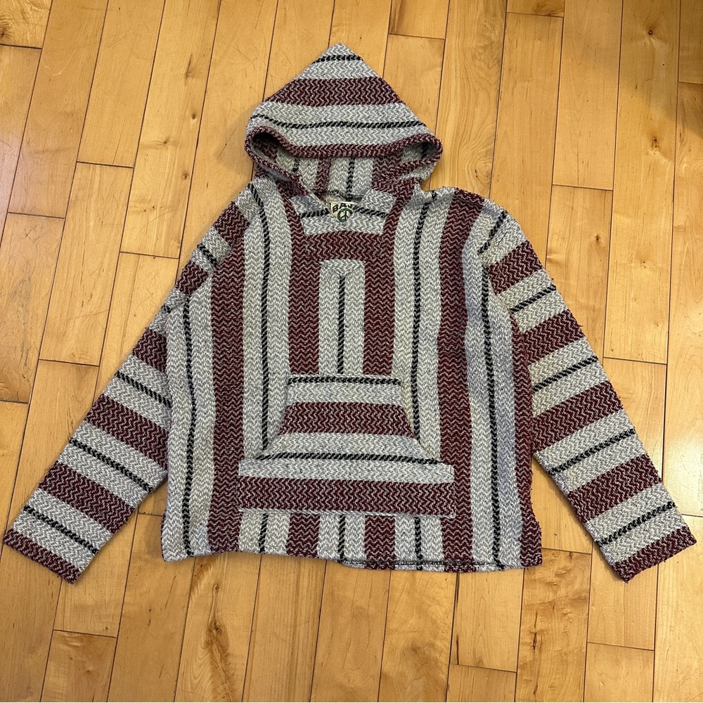 Mens BAJA JOE Red Gray  Mexican Hoodie Rug Pullover Hippie Pullover Size Medium